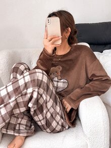 Napfluff Cute Bear Decor Soft Plush Comfortable Home Pajama Set, Soft Girl Style Pattern Long Pants Sleepwear - Brown - View 3
