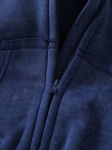 SHEIN 青少年女孩復古水洗印花連帽運動套裝，短版拉鍊連帽外套 + 喇叭褲，休閒兩件式套裝，適合春季、秋季、冬季 - 寶藍色 - 查看 3