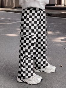 小男孩黑白棋盤格直筒工裝褲 - 灰色 - 查看 1