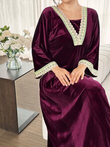 Al Najma Solid Color Velvet V-Neck Embroidered Lace Trim 2 In 1 Loose Fit Flattering Full Skirt Elegant Women's Party Dress - Red Violet - View 1