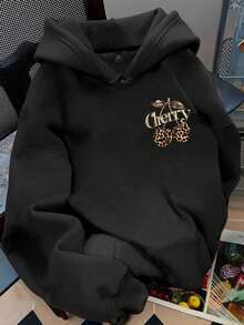 Flirla Plus Size Women's Letter & Cherry Print Casual Drawstring Pocket Hoodie Sweatshirt - Black - View 2