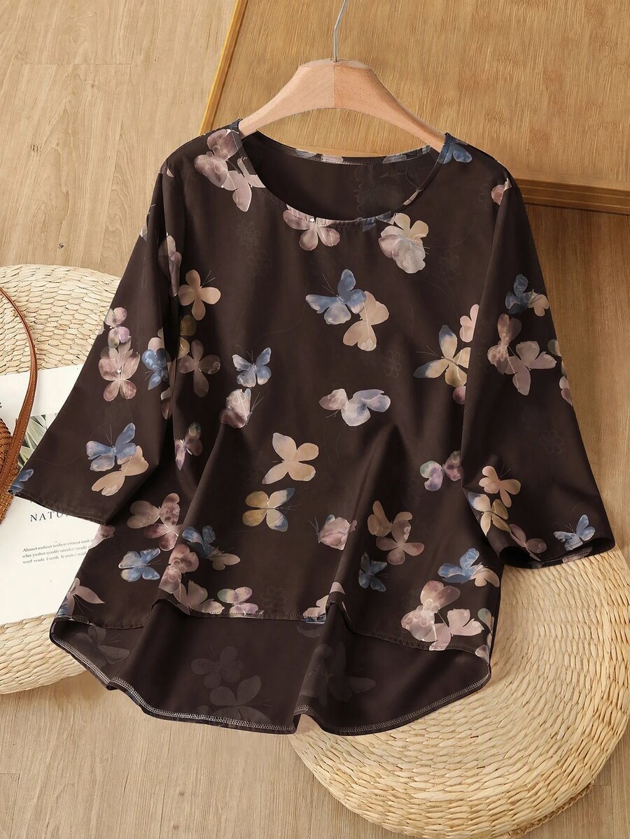 Rusticease Women's Round Neck Butterfly Pattern Casual Daily Wear Blouse - Brown - View 1
