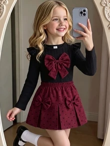 SHEIN Elladie kids 女童可愛休閒短袖羅紋上衣搭配時尚刺繡布料裙，舒適甜美 - 彩色 - 查看 7