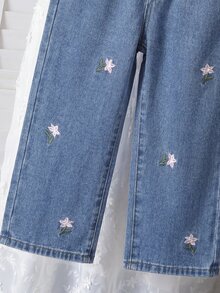 SHEIN Vintaside Kids (Young Girl) 牛仔長褲，時尚個性甜美復古可愛彩色花卉刺繡藍色水洗寬鬆直筒長褲，女士甜美風休閒度假下著 - 深色水洗藍 - 查看 6