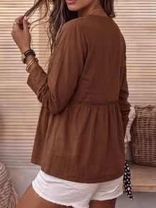 Holdful Holdful Women's Fashion Button Half-Placket Pleated Minimalist Shirt - Coffee Brown - View 2