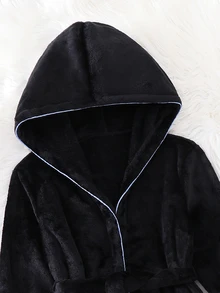 Boys' Home Clothes Big Kids Warm Soft Skin-Friendly Plush Hooded Design Belted Robe - Black - View 3