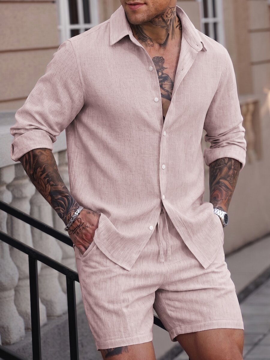 Manfinity CasualCool 男士純色長袖襯衫與短褲休閒日常兩件套 - 粉色 - 查看 1