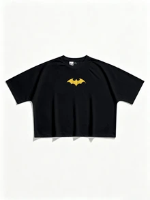 BATMAN X SHEIN STYNVO 男士蝙蝠印花圓領短袖休閒T恤 - 黑色 - 查看 2