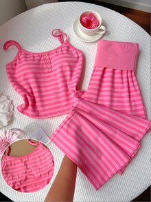 Comfortcana Women's Button Strap Tank Top And Striped Colorblock Pants 2 Pieces Set - Hot Pink - View 1