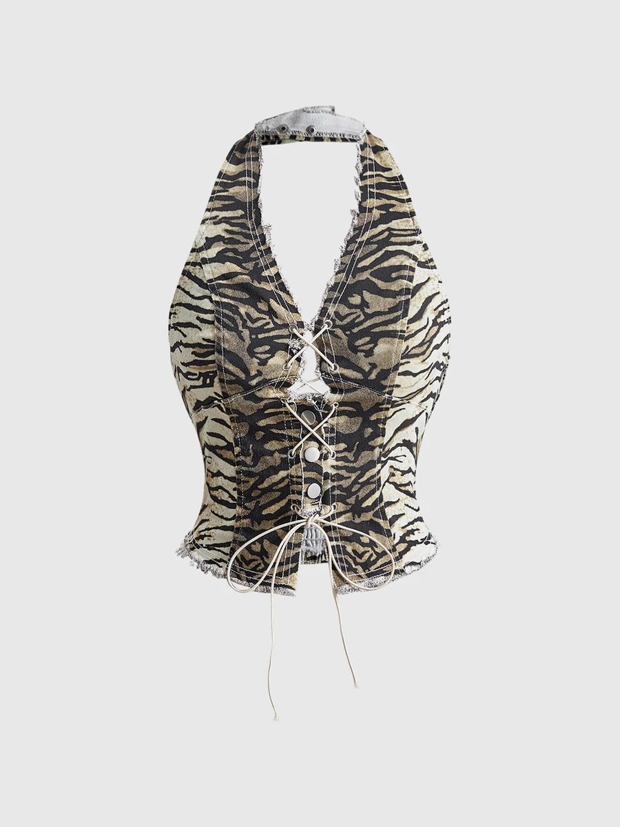 ROMWE Street Life Halter Neck Elastic Denim Animal Print Tie-Up Adjustable Sexy Women's Denim Tank Top - Coffee Brown - View 1