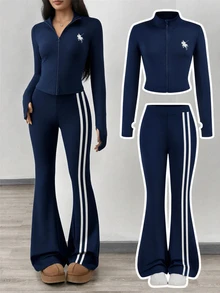 SHEIN NovaGlow Tween Girl Sporty Casual Daily Knit Solid Color Cardigan Jacket & Flared Long Pants Set - Navy Blue - View 1