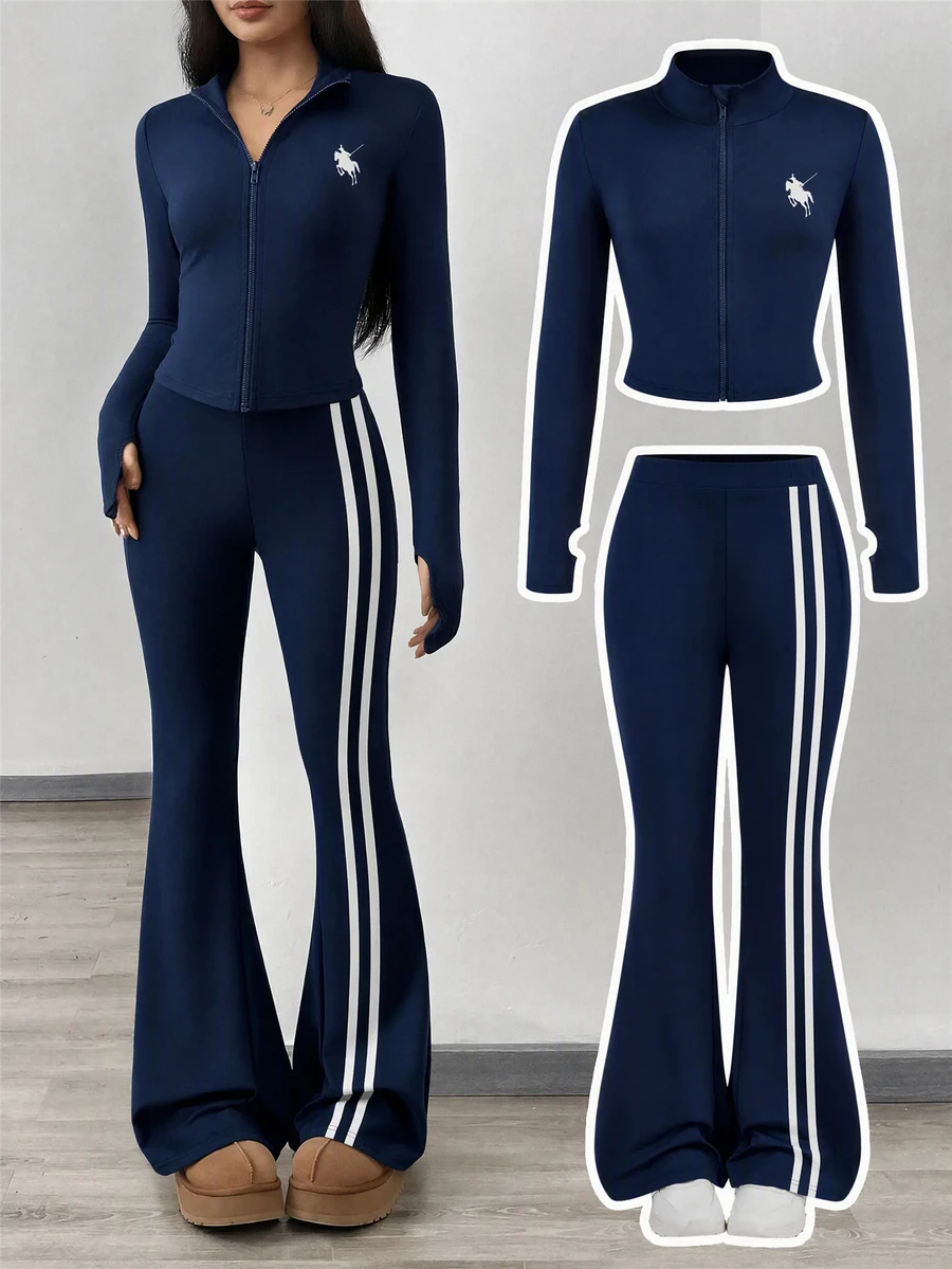 SHEIN NovaGlow Tween Girl Sporty Casual Daily Knit Solid Color Cardigan Jacket & Flared Long Pants Set - Navy Blue - View 1
