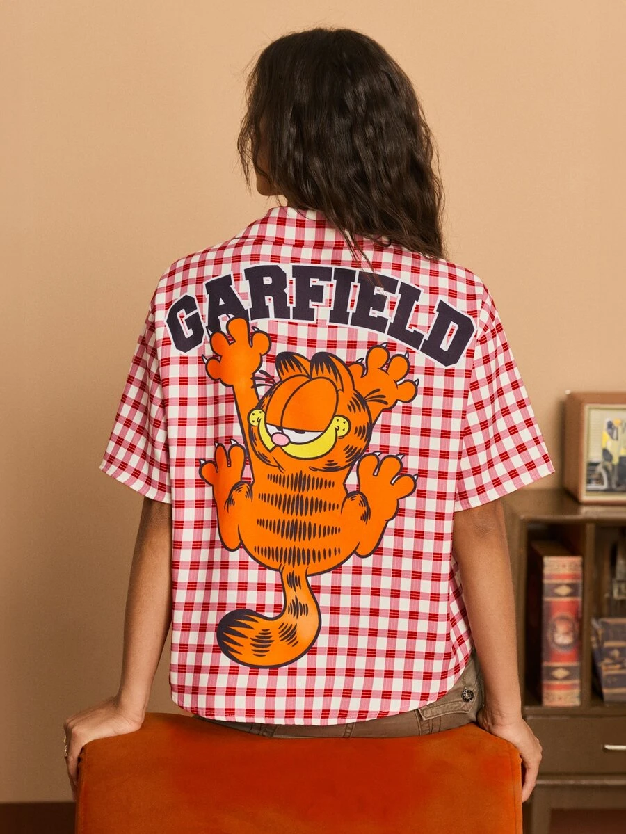 GARFIELD | SHEIN 女款格紋字母卡通印花休閒日常襯衫 - 紅白色 - 查看 1