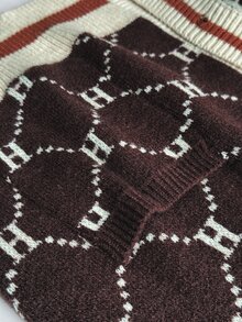 Maweii Plus Size Women's Letter Stripe Long Sleeve Single-Breasted Knit Cardigan - Coffee Brown - View 8