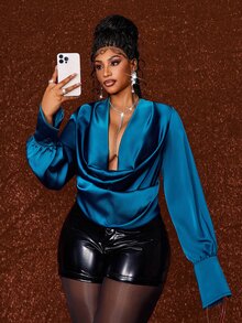 Maweii Plus-Size Women's Woven Draped Neck Sensual Party Top - Dark Green - View 5