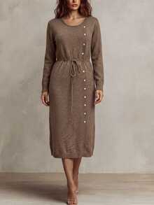 Linhara CURVE Slouchy Cinched Waist Knit Dress, Round Neck Long Sleeve Midi Length Sweater Dress - Brown - View 4