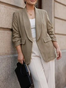 Chikora Blazer Kasual Wanita Ukuran Besar dengan Kerah Syal Bergaris untuk Perjalanan Sehari-hari - Khaki - View 1