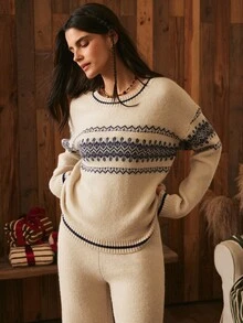 Lullawish Women's Fair Isle Knit Loungewear Set - Khaki - View 4