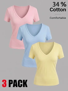 SHEIN EZwear 3件組女款純色V領T恤 - 彩色 - 查看 2