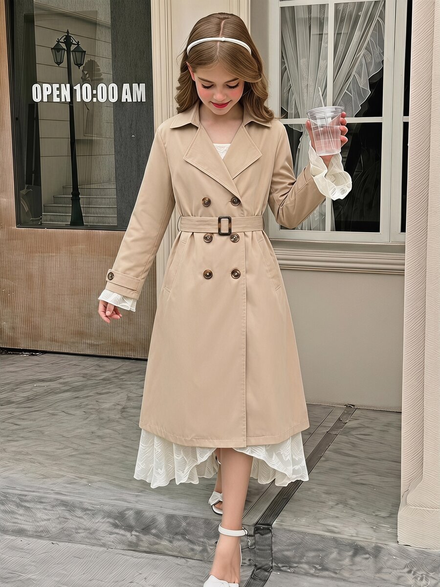 SHEIN Tween Girl Fashion Casual Street Commute Long Trench Coat - Khaki - View 1