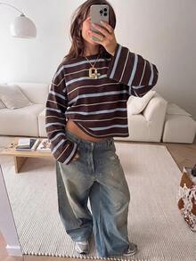 SHEIN EZwear 海外長袖草莓巧克力條紋上衣，秋季襯衫，適合日常通勤、派對、秋冬春夏、聖誕節、新年、感恩節、派對、婚禮、海灘、畢業典禮、優雅、外出、約會、通勤、情人節、優雅、度假、Y2K、畢業典禮及其他場合 - 彩色 - 查看 6