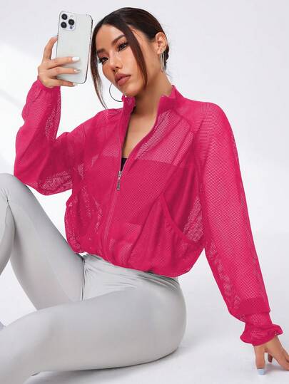 Dewbera Dewbera Women's High Neck Sheer Sexy Sports Jacket With Pockets, Casual Long Sleeve Jacket For Running, Fitness And Outdoor Activities Fall