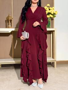 Feyla Plus Size Fashion Pleated Ruffle Trim Evening Dress - Burgundy - View 5
