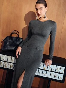 MOTF PREMIUM WOMEN'S COMMUTER WAIST-CINCHING SPLIT HEM LONG DRESS - Grey - View 6