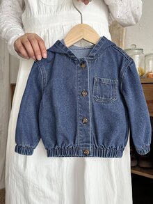 女童秋冬基礎休閒藍色寬鬆連帽牛仔外套，女童返校服飾，幼兒保暖外套 - 深色水洗藍 - 查看 8