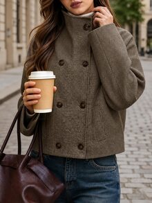 Editum Jaket Kasual Wanita Lengan Panjang Kancing Ganda Motif Tulang Ikan - Coffee Brown - View 7