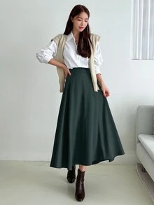 DAZY 女款純色休閒百搭日常穿著裙 - 墨綠色 - 查看 3