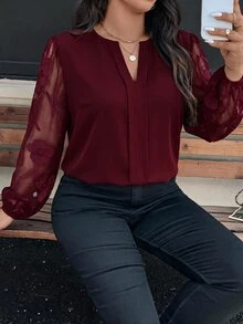 Reflora Plus Size Elegant Cutout V-Neck Business Blouse - Burgundy - View 3
