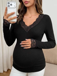 DAZY Contrast Lace Trim Fitted Elastic Long Sleeve V-Neck Casual Daily Vacation Korean Style Spring Autumn Top Maternity T-Shirt - Black - View 7