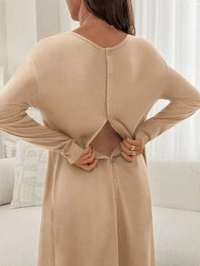 Slowluna Maternity Solid Color Nursing Dress - Khaki - View 4
