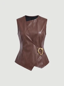 SHEIN MOD Plus size svart höst-väst i PU med asymmetrisk design, metallknappsdekor, pendlarkläder, old money-stil, för ung kvinna, kontorsoutfit - Brun - Visa 1