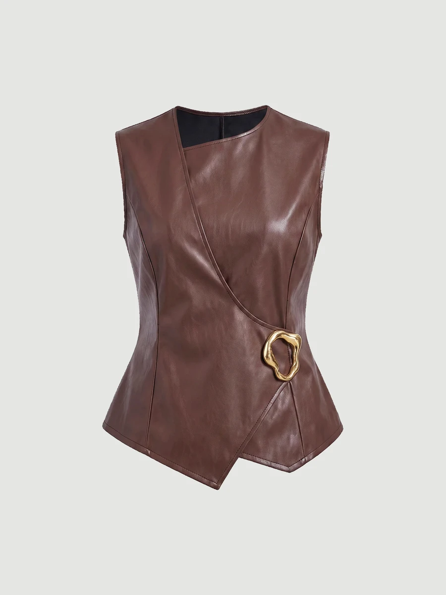 SHEIN MOD Plus size svart höst-väst i PU med asymmetrisk design, metallknappsdekor, pendlarkläder, old money-stil, för ung kvinna, kontorsoutfit - Brun - Visa 1