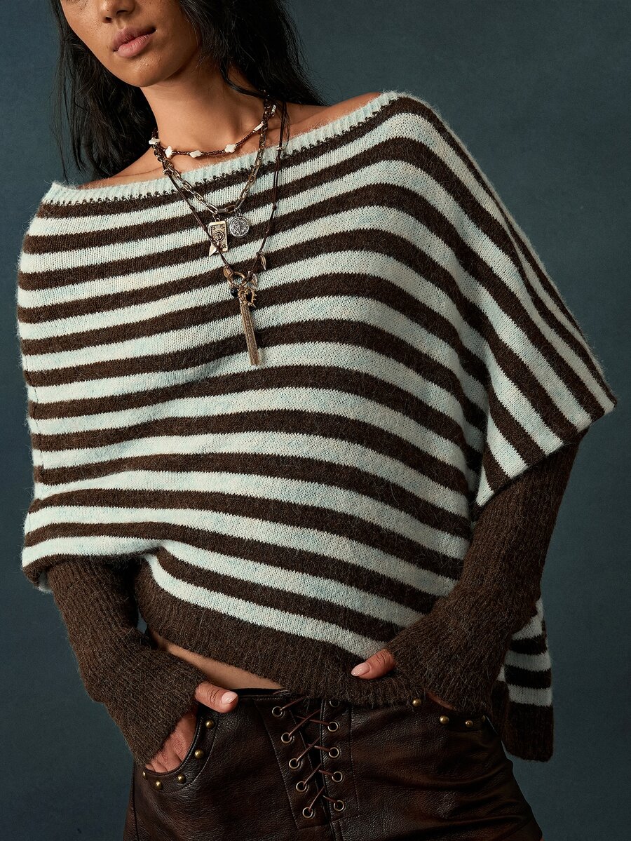 Bohemela Vintage Asymmetrical Colorblock Knit Pullover Sweater Shawl - Multicolor - View 1