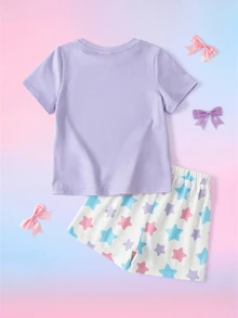 My Little Pony X SHEIN طقم ملابس نوم منزلية كاجوال يومي للبنات الصغيرات بنقشة كرتونية، توب بأكمام قصيرة وشورت - الأرجواني - مشاهدة 2