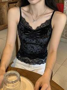 DAZY 女款素色對比蕾絲時尚優雅背心上衣 秋季 - 黑色 - 查看 2