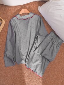 CosyJoli 大尺碼休閒格紋鈕扣長袖襯衫與圓弧下擺長褲 2件套 - 灰色 - 查看 2