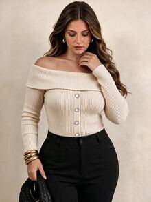 Elegantrix Women's Plus Size Spring/Autumn Off-Shoulder Lapel Pearl Button Ribbed Top, Waist-Cinching Slim Fit Pure Desire Style Long Sleeve Knit Sweater - Apricot - View 5