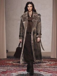 Anewsta Grey Lapel Fur-Trimmed One-Piece Long Coat With Waist Tie For Women - Brown - View 1