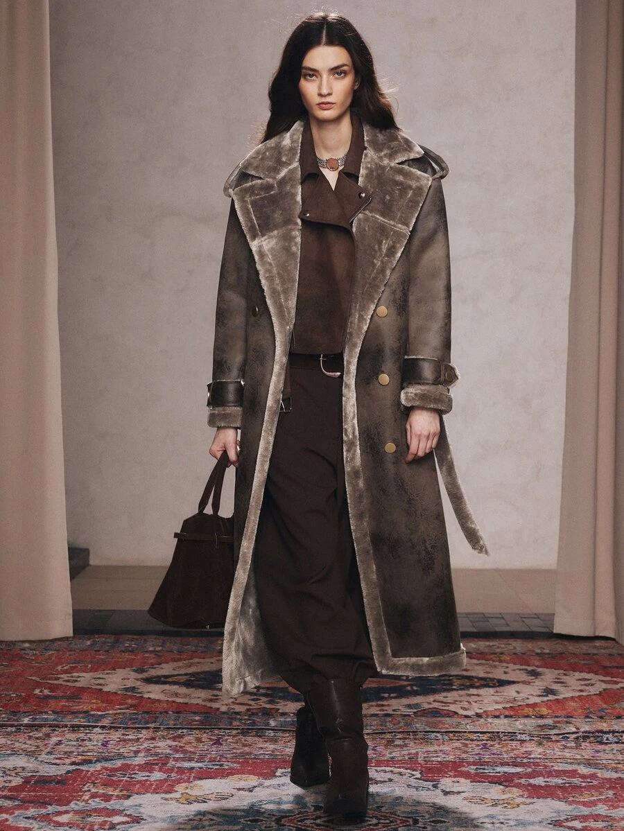 Anewsta Grey Lapel Fur-Trimmed One-Piece Long Coat With Waist Tie For Women - Brown - View 1