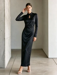 SHEIN Autumn New Chinese Satin Frog Button Cutout Ruched Split Midi Dress Vibe Fall Chinese Frog Button Side Ruched Back Split Party Dress - Black - View 3