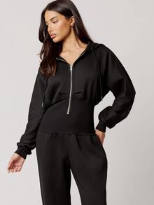 Musera Petite Black Hooded Zip Through Cinched Waist Jumpsuit Fall Autumn Winter Back To School Daily Everyday - Black - View 4