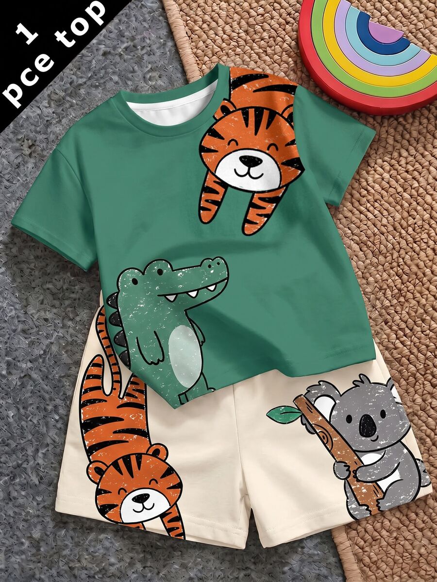 Baby Boy Casual Minimalist Top Suitable For Spring And Summer, Classic Cute Cartoon Crayon Hand-Drawn Animal Print, Crocodile, Tiger, Bear, Sloth Pattern Print - Multicolor - View 1