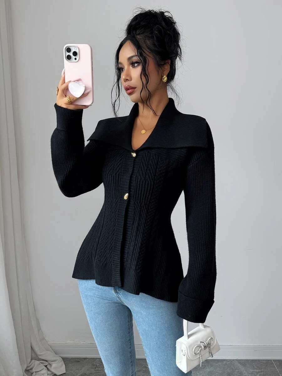 Elenzga Women's Autumn/Winter Elegant Sexy Oversized Collar Waist-Cinching Knit Cardigan - Black - View 1