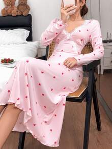 Napfluff Sweet Heart Print Gentle Style Lace Patchwork Backless Tie Long Sleeve Long Nightgown For Women - Pink - View 3