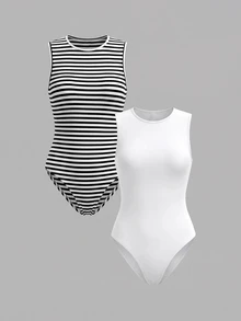 SHEIN BASICS Women's Round Neck Casual Tank Top Bodysuit - Multicolor - View 7