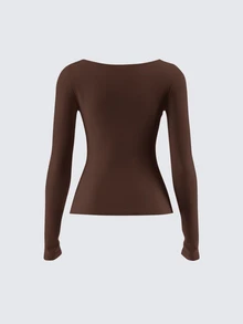 SHEIN BASICS 女款休閒針織修身長袖圓領基本款T恤冬季女裝 - 棕色 - 查看 4